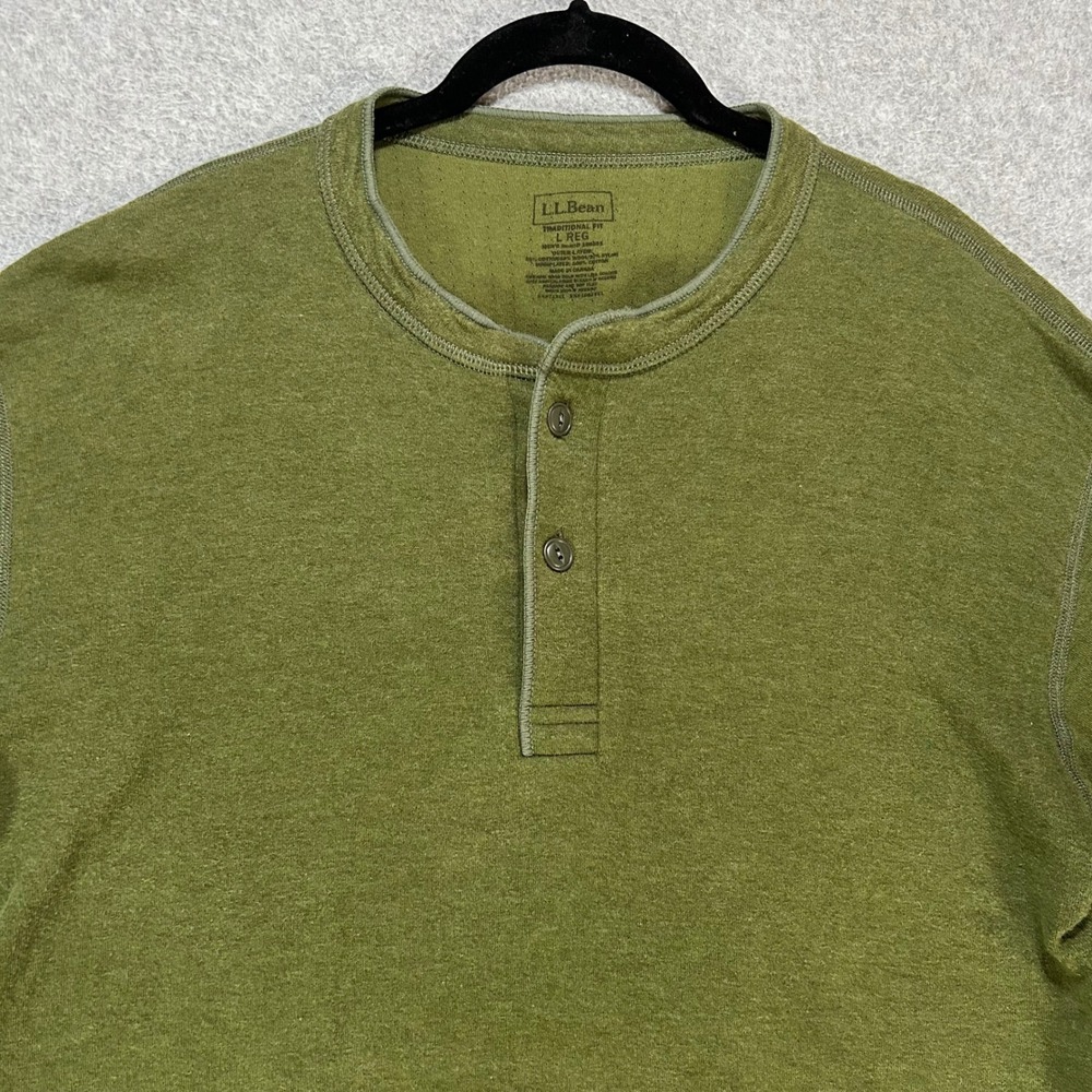 LL Bean Henley Shirt Traditional Fit Mens L Green Wool Blend Outdoor Cabin